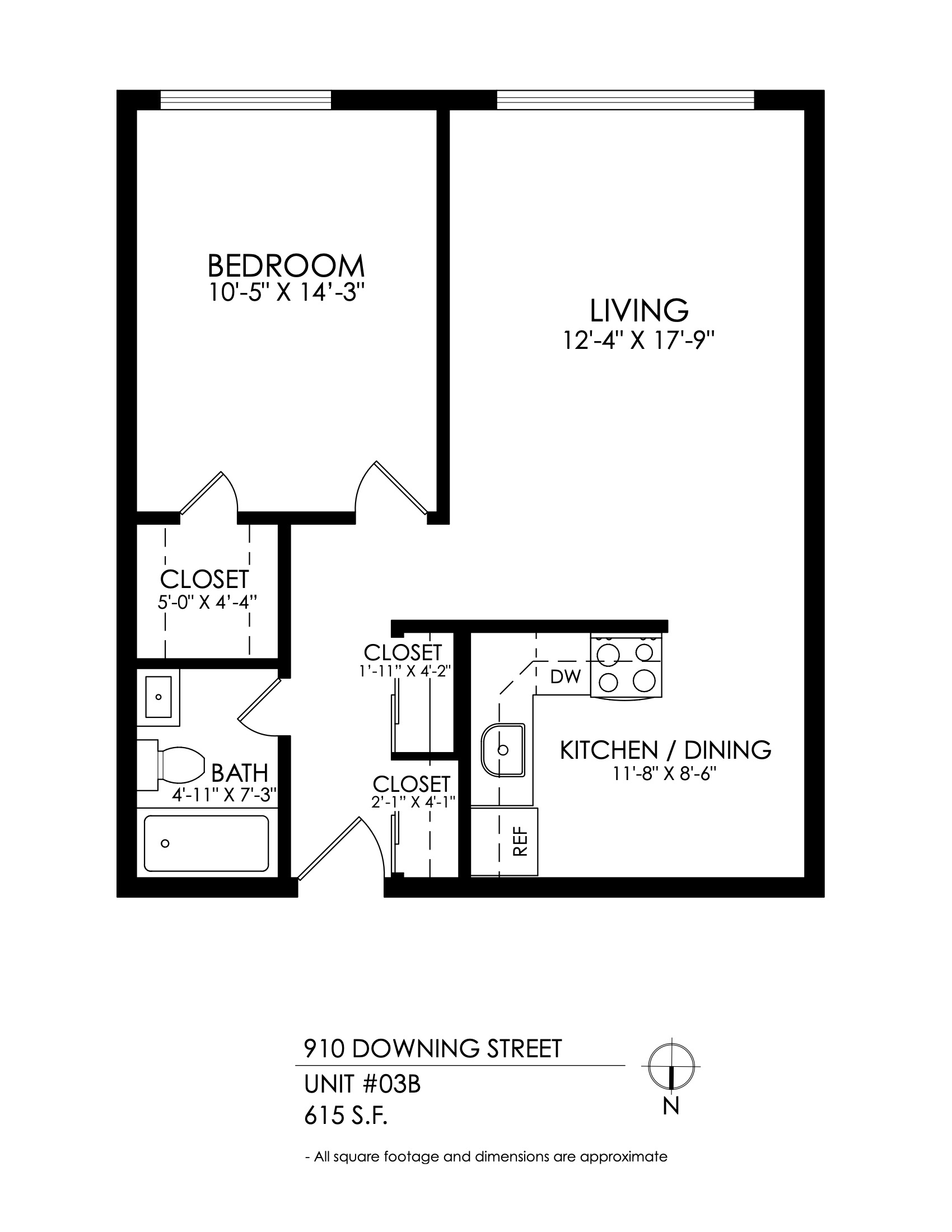 Floor plan for 1 bed, 1 bath, 590 sqft